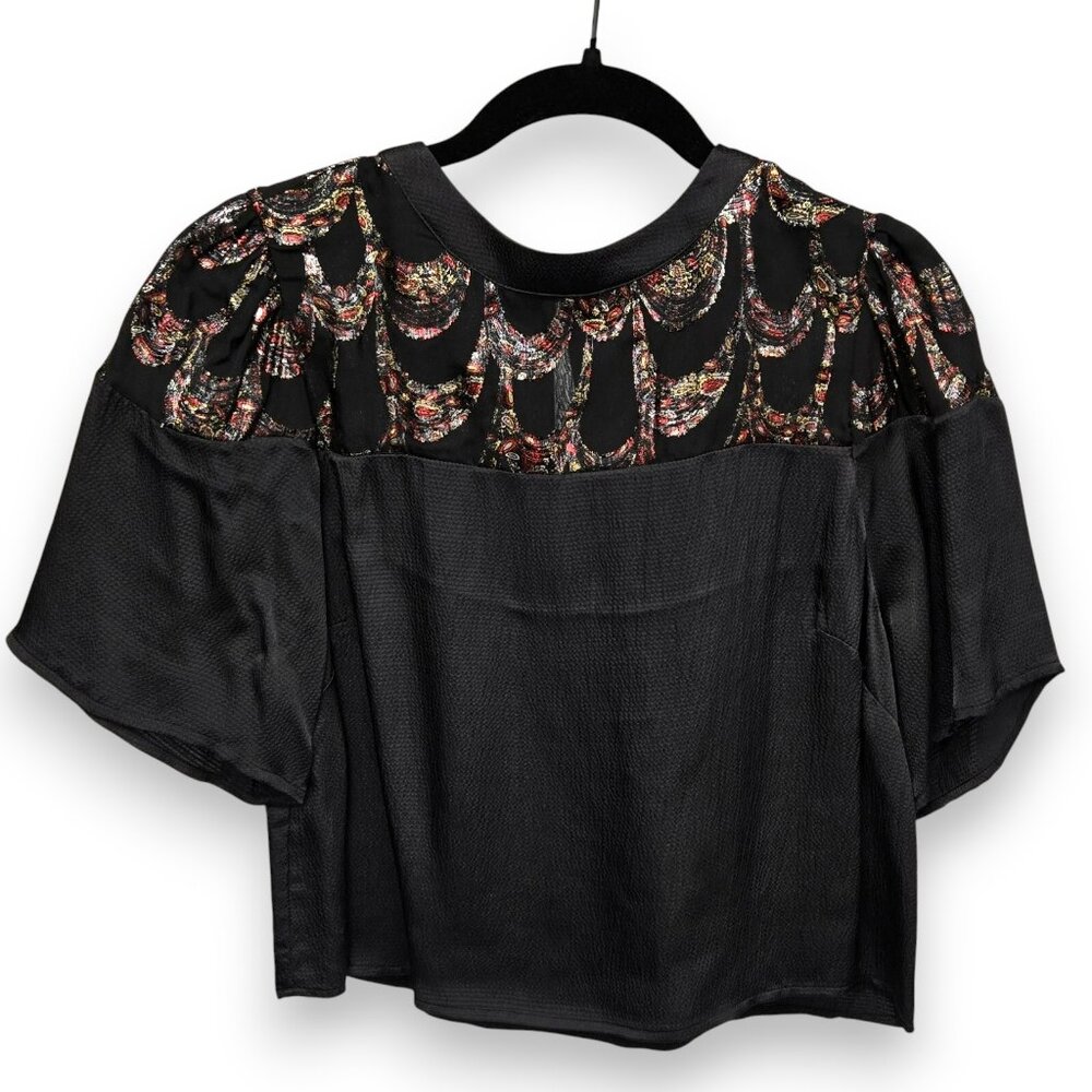 NEW Caballero Gabriella Cropped Top Metallic Scallop Black Short Sleeve XS